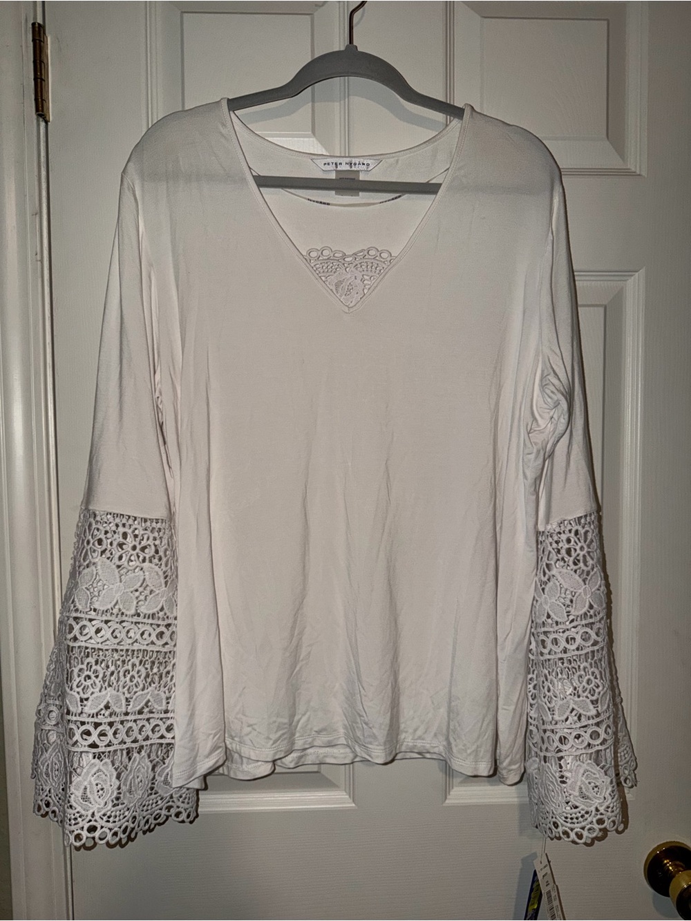 Peter Nygard White V-Neck Top with Lace Bell Sleeves